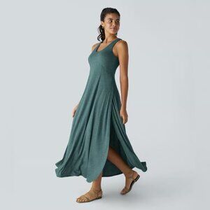 Halara U Neck Backless Split Flowy Maxi Tank Dress Jade Green Floral Large